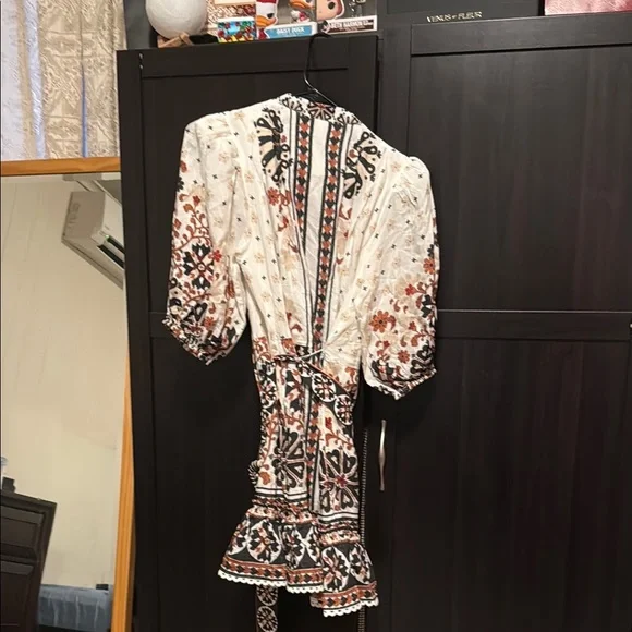 Farm Rio Flower Fan Tapestry Print Puff Sleeve Patterned Mini Dress - Picture 3 of 5